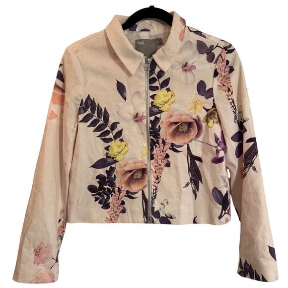 ASOS Floral Cropped Jacket Women's Size US 4 Full Zip Pink Beige Spring - Picture 1 of 5